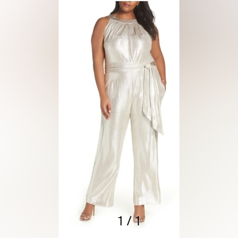 Tahari ASL Gold Metallic High Neck Jumpsuit Size 14W. #774